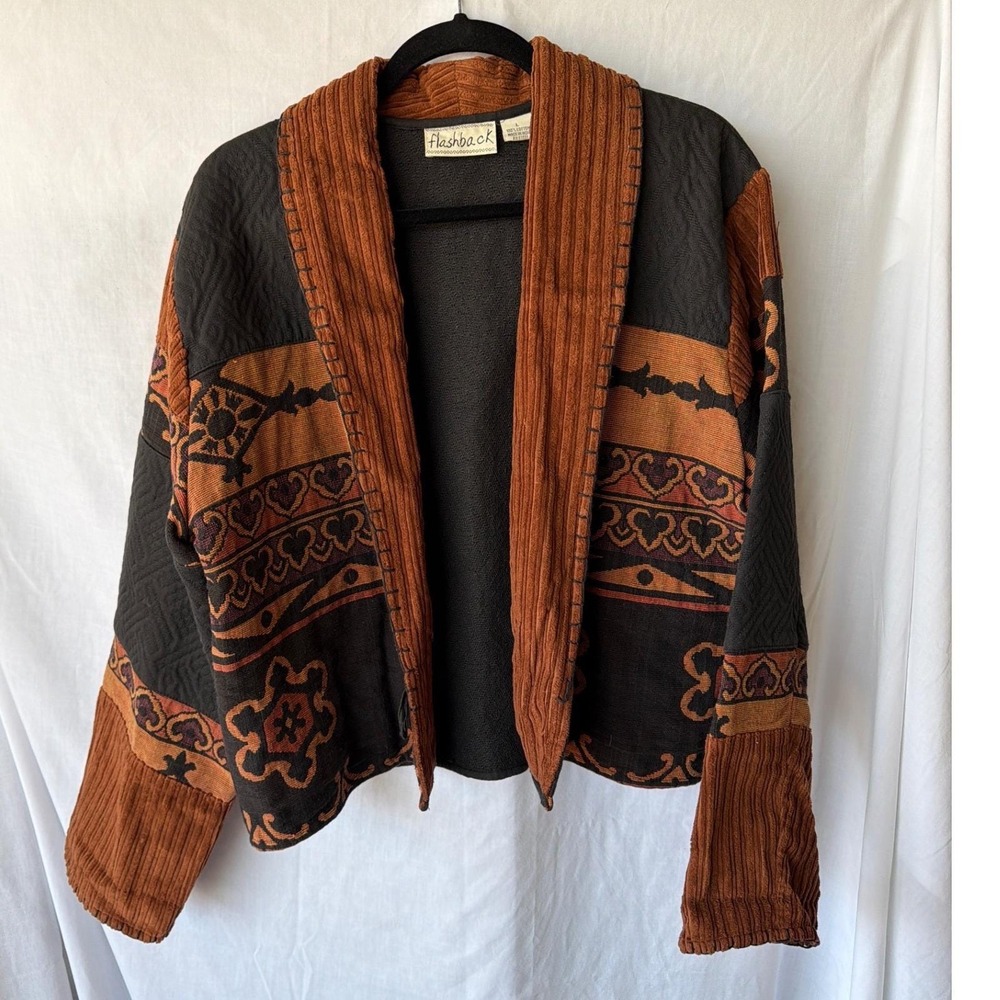 Vintage Flashback Quilted Jacket Brown Black Corduroy Southwestern Boho Large